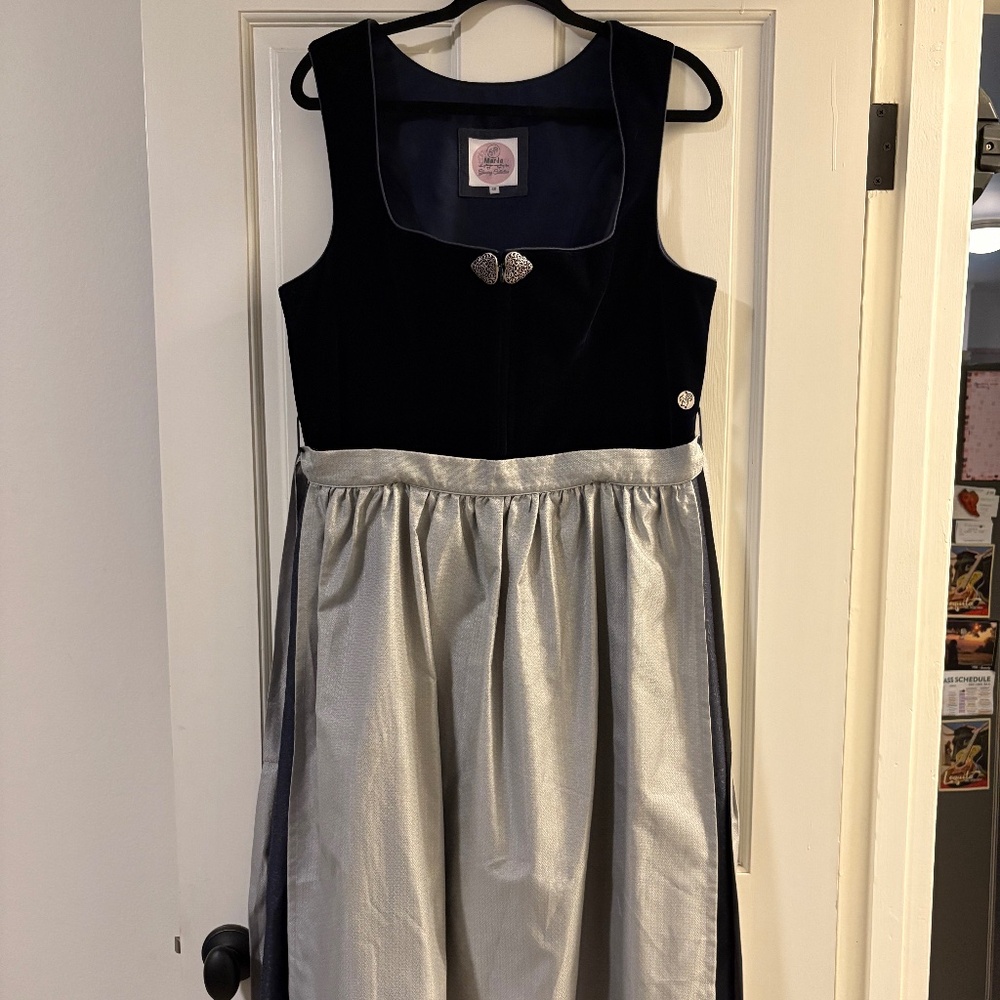 MarJo “Glowing Collection” Dirndl Dress – Size 46 (US 14) Navy Blue with Silver